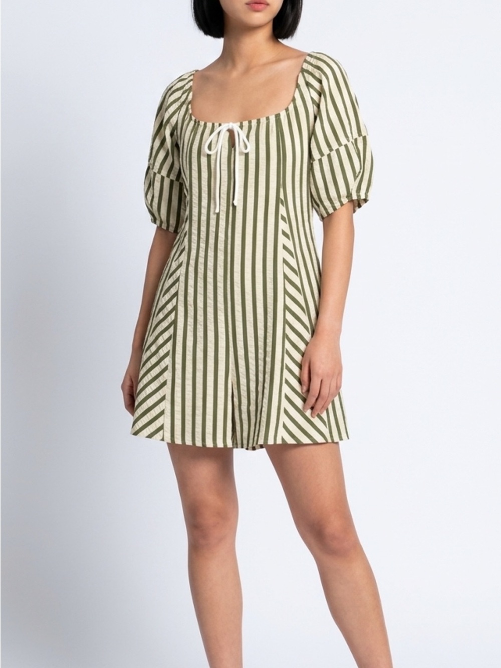 Striped Puff-Sleeve Romper in Olive and Cream